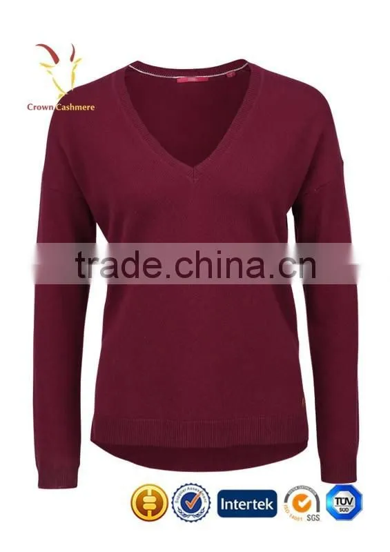 Women Red V Neck Cashmere Sweater Tops