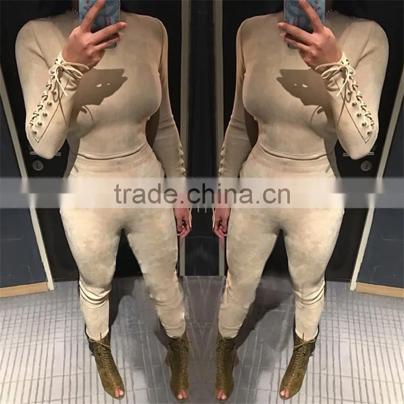 Runwaylover 074 New Style 2017 Ladies Fashion Two Piece Suits , Women Suede Crop Top And Tight Pants
