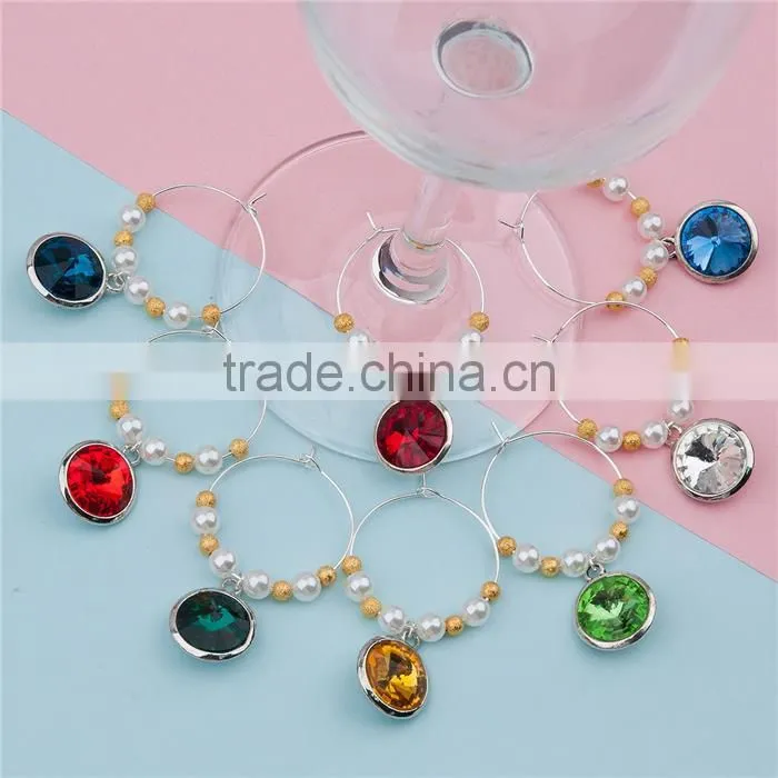 Glass Birthstone Hoop Earrings Gold Plated Acrylic Imitation Pearl Round At Random Rhinestone Wine Glass Charm For Party