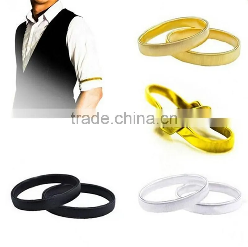 2 Pairs Metal Sleeve Holders Garters Silver,Gold & Black Elasticated Armbands Shirt Arm Bands