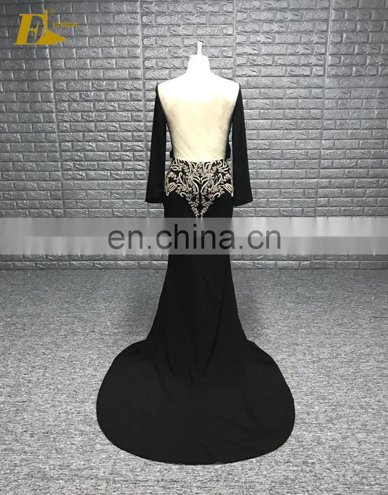 Sexy Deep V Neckline See Though Back Handwork Beading Lady Evening Dress Long Sleeve
