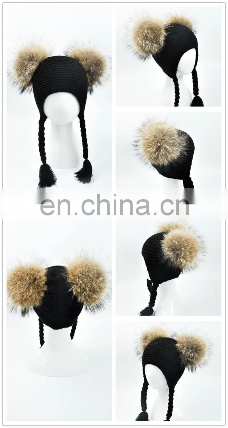 High Quality Fashionable Kids Beanie Hats With Two Fur Pom Poms Baby Fur Hat