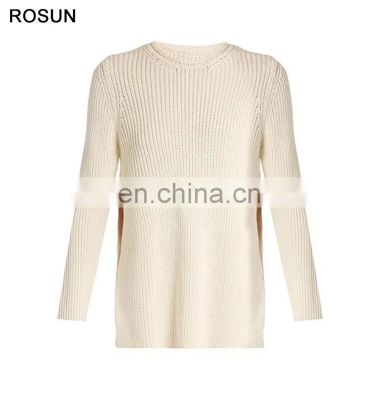 Women Round Neck Ribbed Knit Cotton Blend Sweater