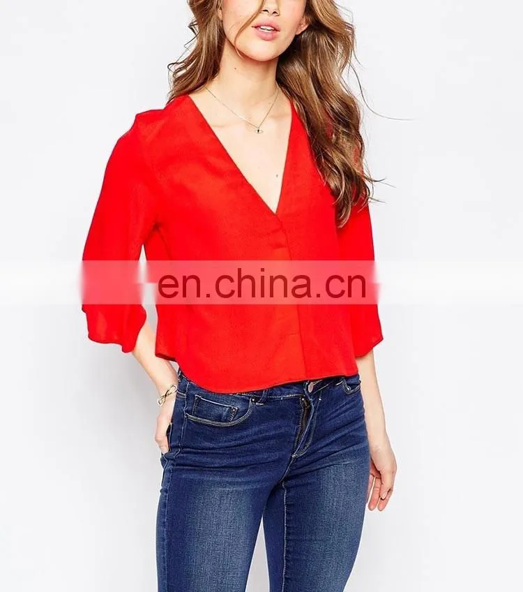 Cropped cut womens clothing 2016 long sleeve deep v neck red blouses for women
