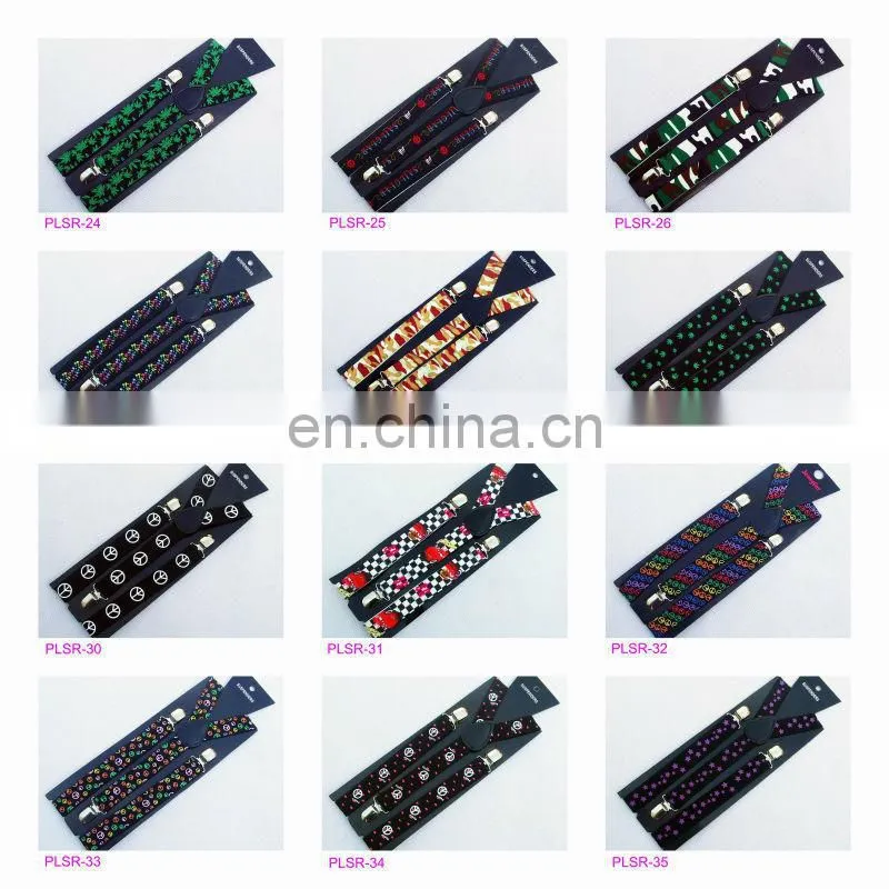 fashion X style men's working printed elastic suspenders with strong metal clips and ribbons