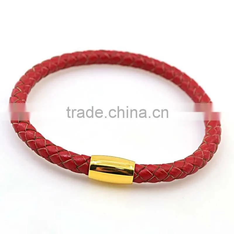 Fashion Stainless Steel Plated 18K Gold Clasp Red Leather Friendship Bracelet