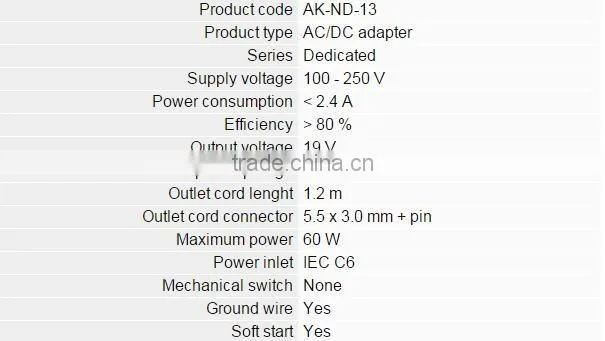 Power Adapter AK-ND-13 19V/3.15A 60W 5.5*3.0+pin