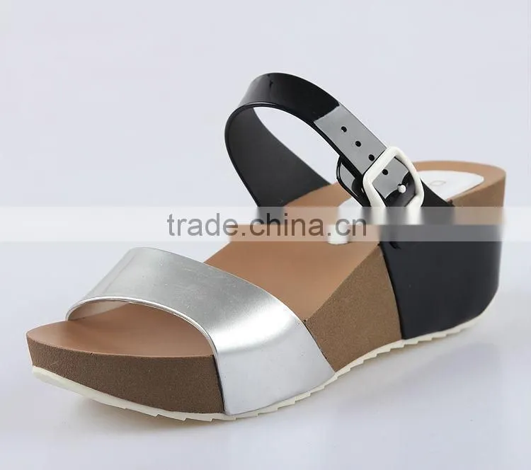 2015 Women Jelly PVC Slipper shoes Stitching Color PU Wedge Sandals PU Wedges Shoes