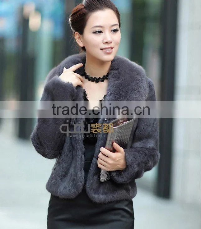 QD-VB0803 Whole-hide Rabbit Fur Jacket with fox fur collar
