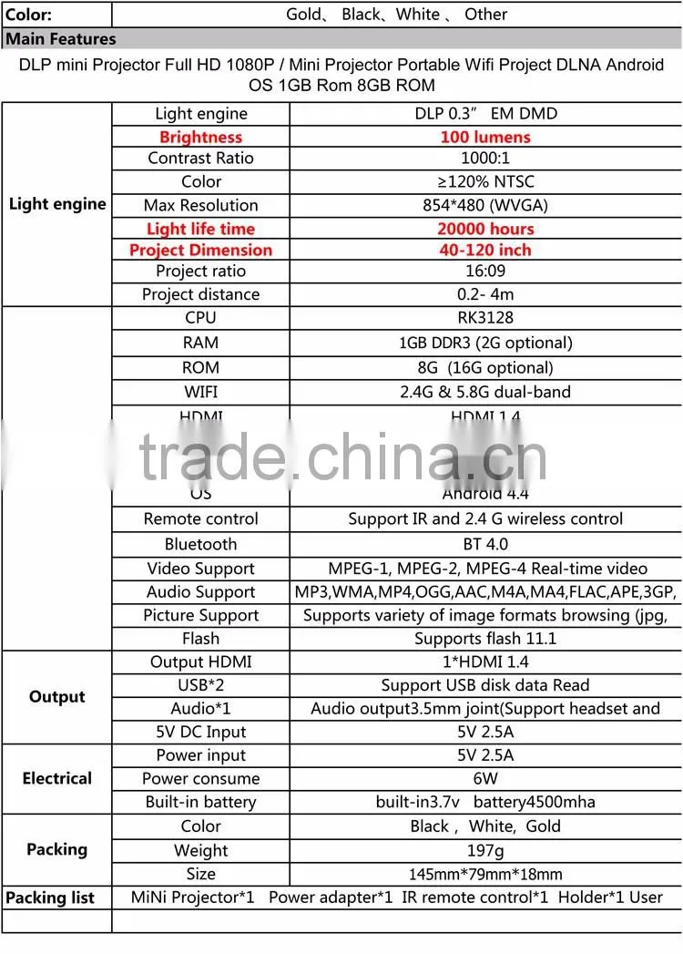 Factory Price Home Use WiFI Android 4.4 Made In China Digital Projector