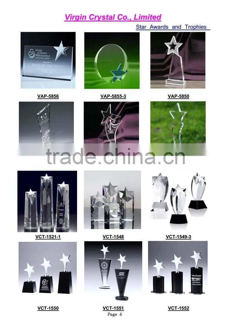 Clear crystal blue star trophy with stand for Excellent achievement award