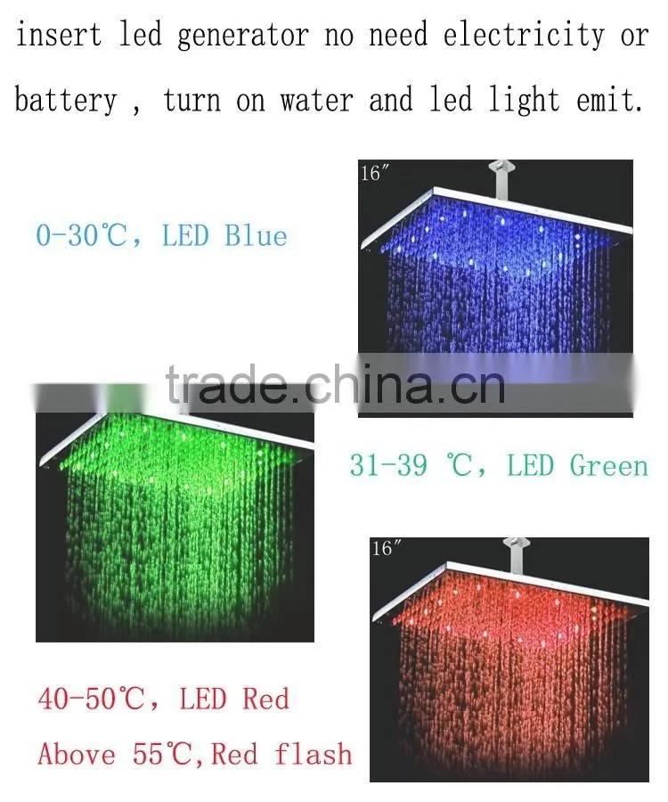 High quality 16 inches square led shower head,wall mounted body shower set with led lighting
