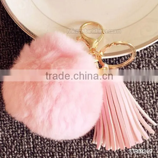 Promotion In Stock Rabbit Fur Ball Leather Tassel Key Chain