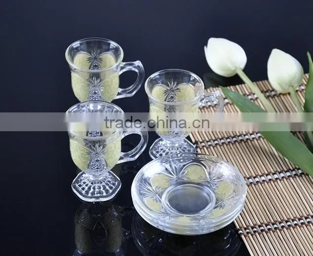 small round decal tea glass cup and saucer set