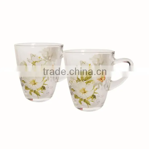 promotion flower decal printed tea glss mug with handle
