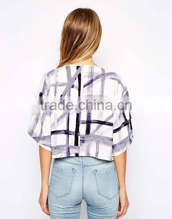 100% Polyester All Over Print Woman Stylish 3/4 Sleeve Raglan T-shirt