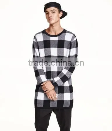 oem fashion design men o-neck fleece longline plaid long sleeve sweater