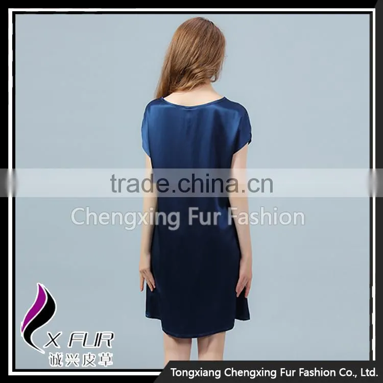 CXVLYQO1 Luxury Women's Pure Silk Skirt Night SNavy Blue Short Sleeve V-neck Pajamas