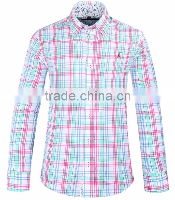 2017 new plaids men's long sleeve button-down slim fit shirt with contrast collar and cuff