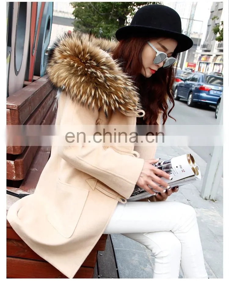 Fashion Hot Women Winter Raccoon Fur Short Hooded Korean Cashmere Wool Coat