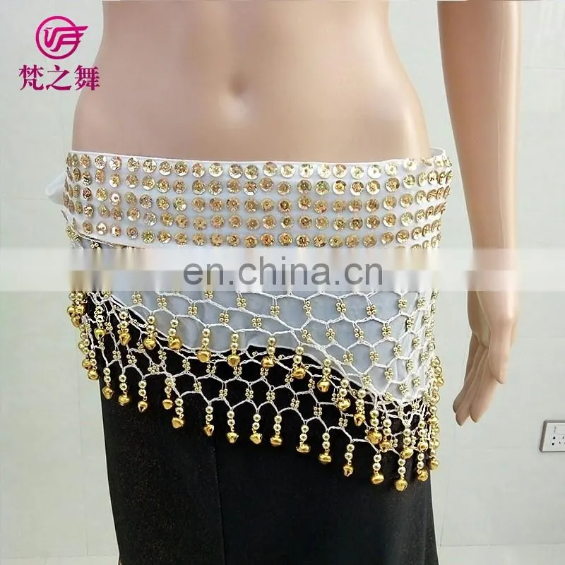 Top level new products wholesale indian chiffon gold sequins belly dance hip scarf with bells Y-2055