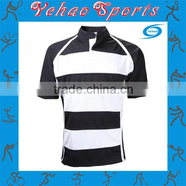 OEM custom short sleeve plain striped rugby shirts in black and white