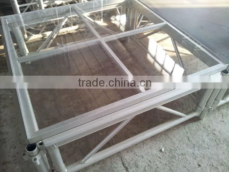 exhibition aluminium lighting stage truss,aluminium stage truss,trade show aluminium stage with glass plywood platform