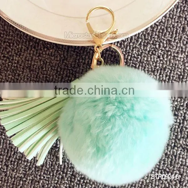 Promotion In Stock Rabbit Fur Ball Leather Tassel Key Chain