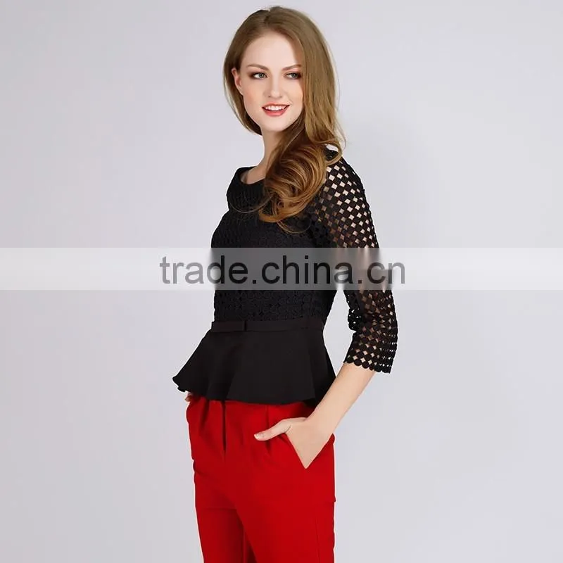 PRETTY STEPS 2016 hot sexy design fashion womans tight long sleeve twill mesh blouse black