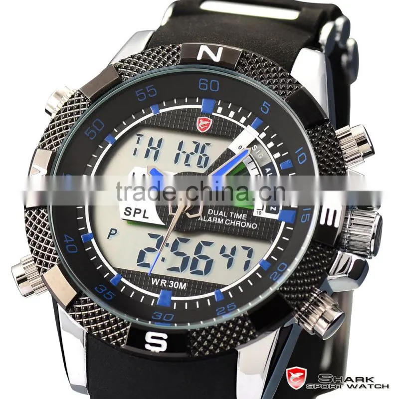 Shark Digital Day Date Blue Hands LED Mens Sports Analog Wrist Watch