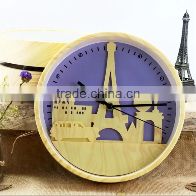 Fashion 10" Wood Color Clock With Iron Tower Shape, Creative Mute Wall Clock For Decoration