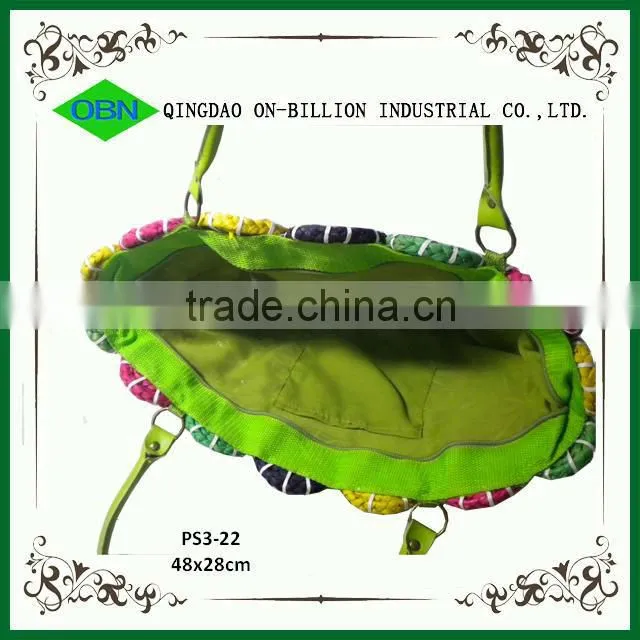 Wholesale corn husk weave bag with leather handle