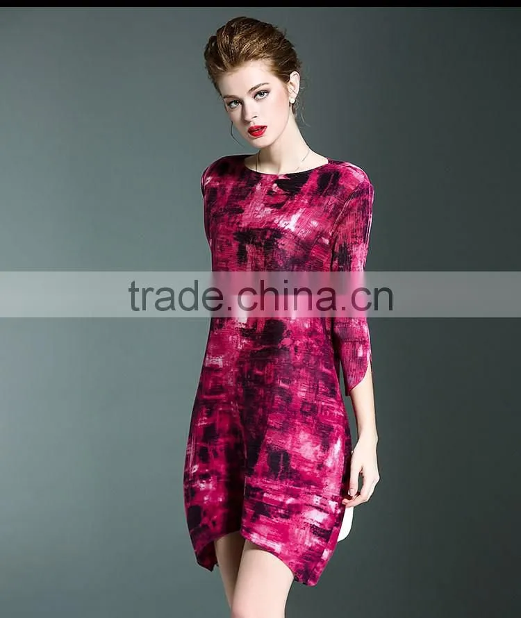 Latest European ladies digital printed gradients wrinkled dresses