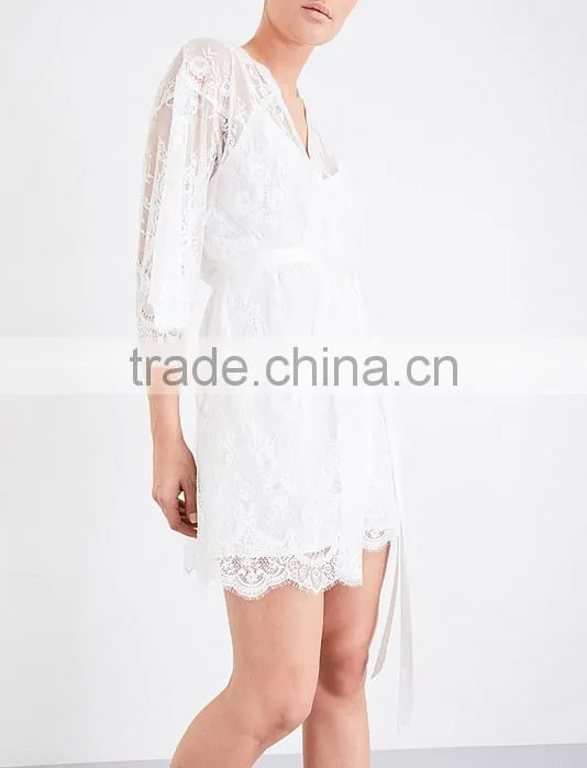 2017 new arrival ladies luxury silk satin robe, sheer floral-lace kimono robe