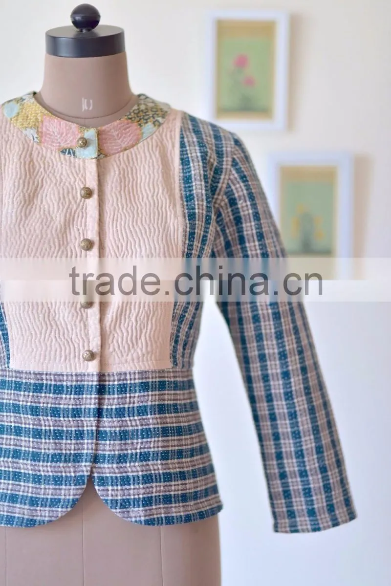 Handmade Boho Kantha Jacket in Plaid Print ~ Medium