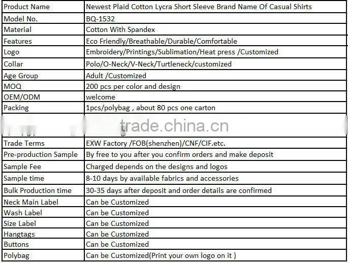 Newest Plaid Cotton Lycra Short Sleeve Brand Name Of Casual Shirts