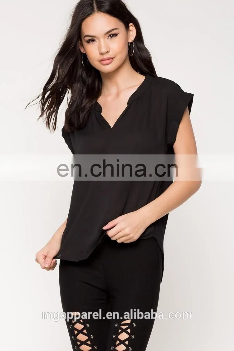 Wholesale blank split neck short sleeve black t shirts for women