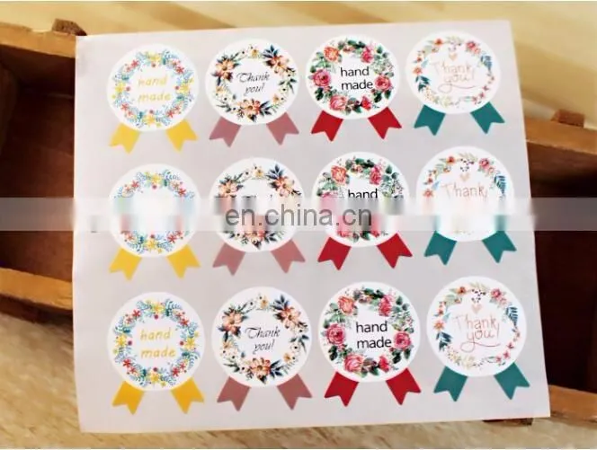"Hand made" " Thank you" Flowers Badge Shape Gift Box Label Baking Bag Sealing Sticker Baby Shower Gift Decoration DIY Material