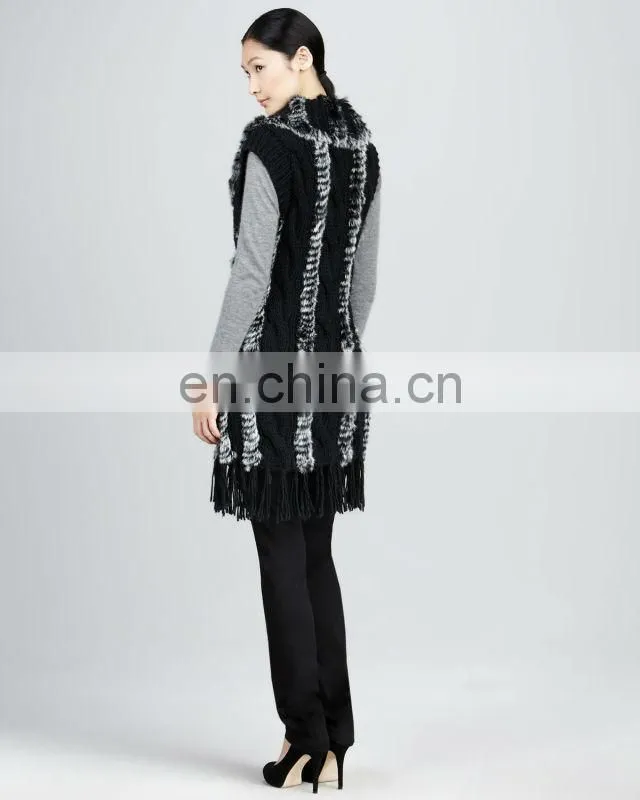 beautiful rex rabbit fur long knitted vest /dyed black&whitebeautiful rex rabbit fur long knitted vest /dyed black&white