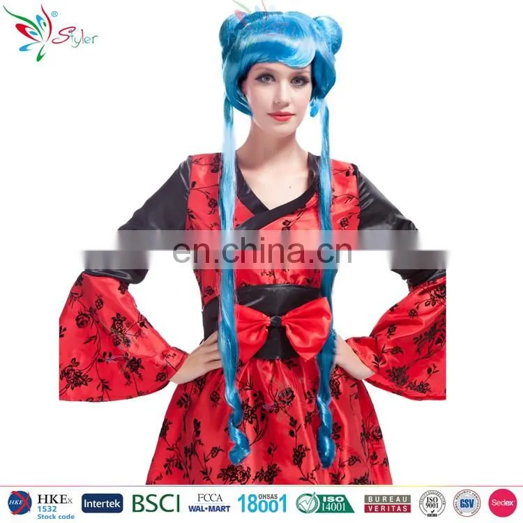 hot sale cosplay party synthetic fibre pink blue ponytail wig