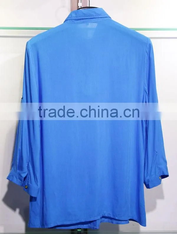 Lovely women's blue tops with a shirt collar and three-quarter sleeves