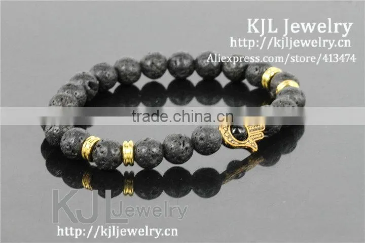 KJL-A0248 wholesale gold hamsa palm charm bracelet,natural lava stone beaded evil eye bracelet bangle