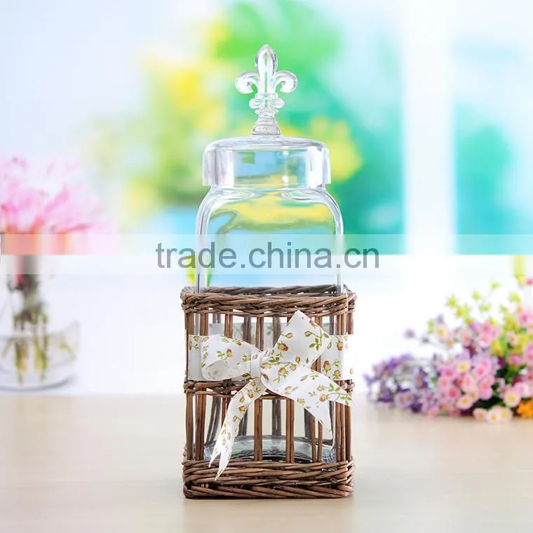 Wholesale square food grade glass storage jar with willow base