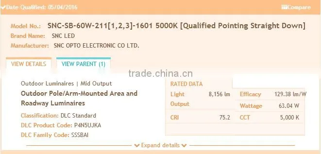 SNC low power 60w led parking lot light, dlc ul cul listed led sreet lighting 60w
