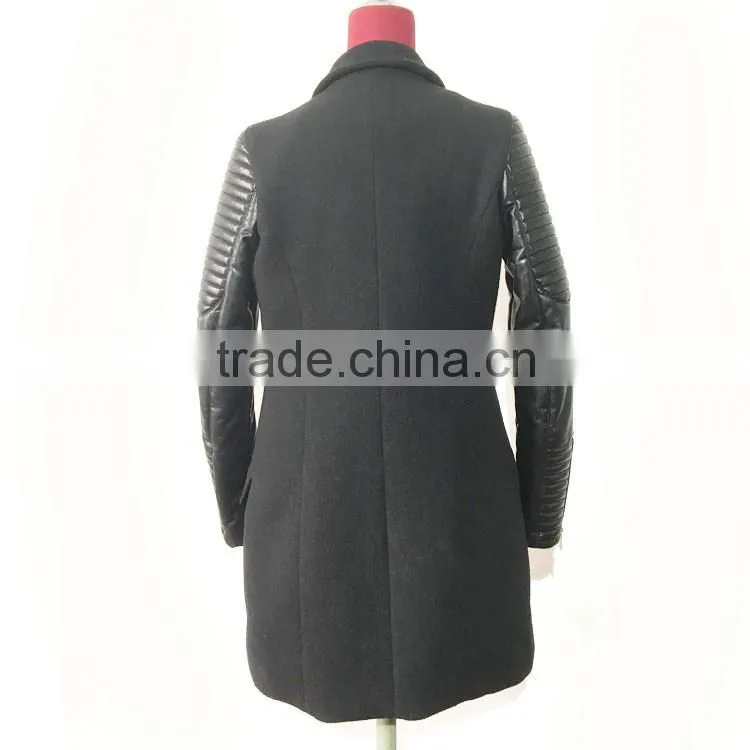 2016AW woolen garment customized woman's fashion long biker coats embroidered PU sleeve