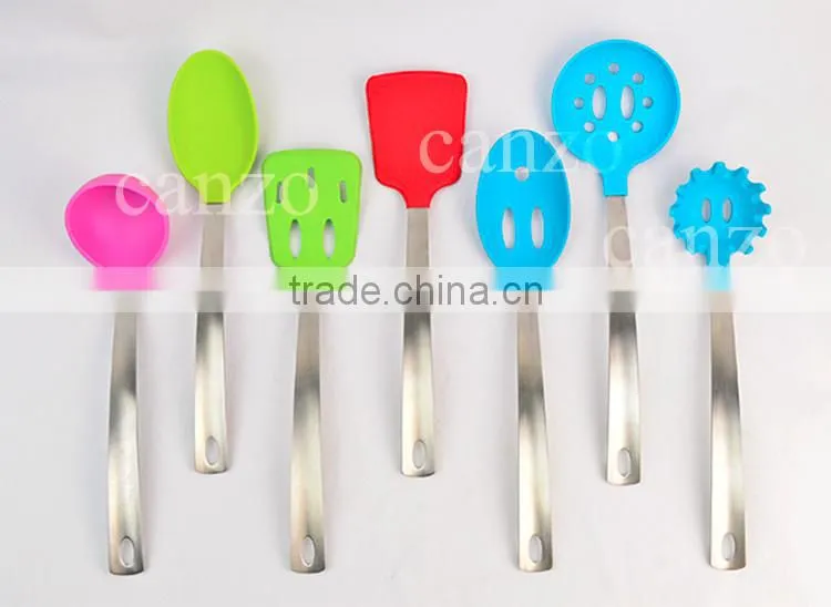 FDA LFGB Certificate Colorful Silicone Kitchen Utensils Set With Stainless Steel Handle 2015 Best Selling Cooking Assessay