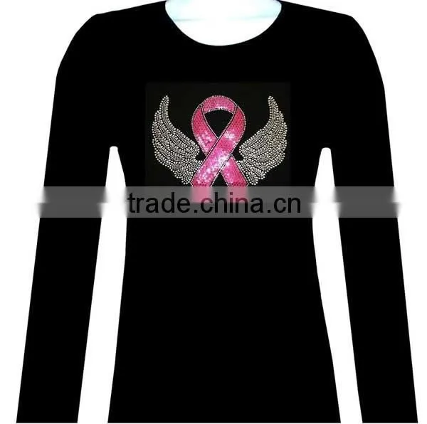 FASHION PINK RIBBON WINGS LONG SLEEVE RHINESTONE T-SHIRT