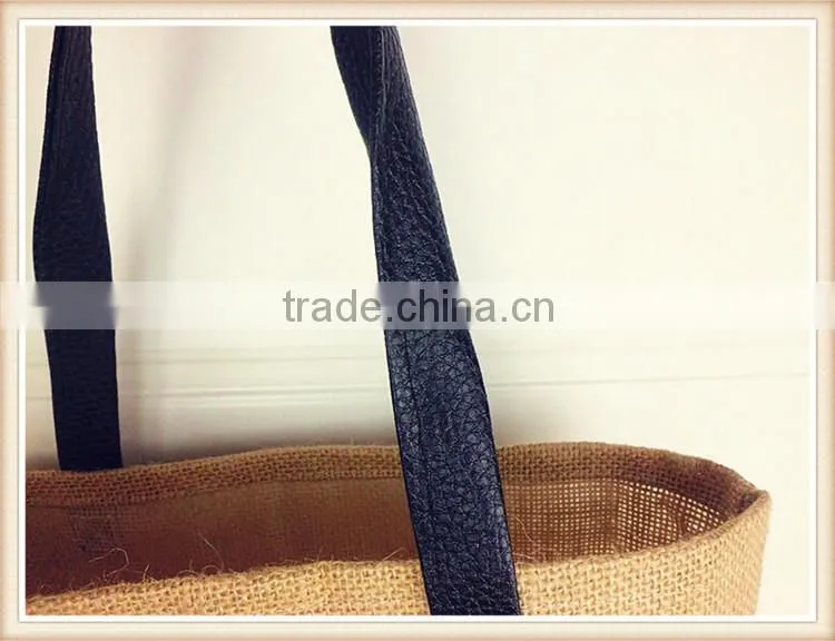 Fashion lady jute shopping bag with PU handle