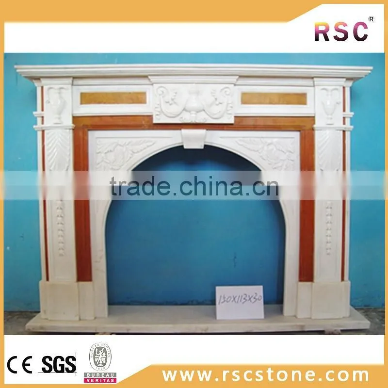 Stone fireplace mantel with lamp carving