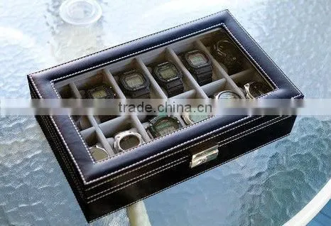 Watch Box Large 12 Mens Black Leather Display Glass Top Jewelry Case Organizer